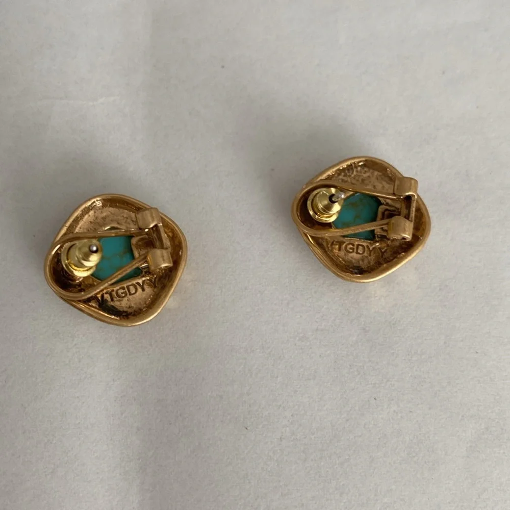 Gold and Turquoise Stud Earrings - Picture 4 of 6